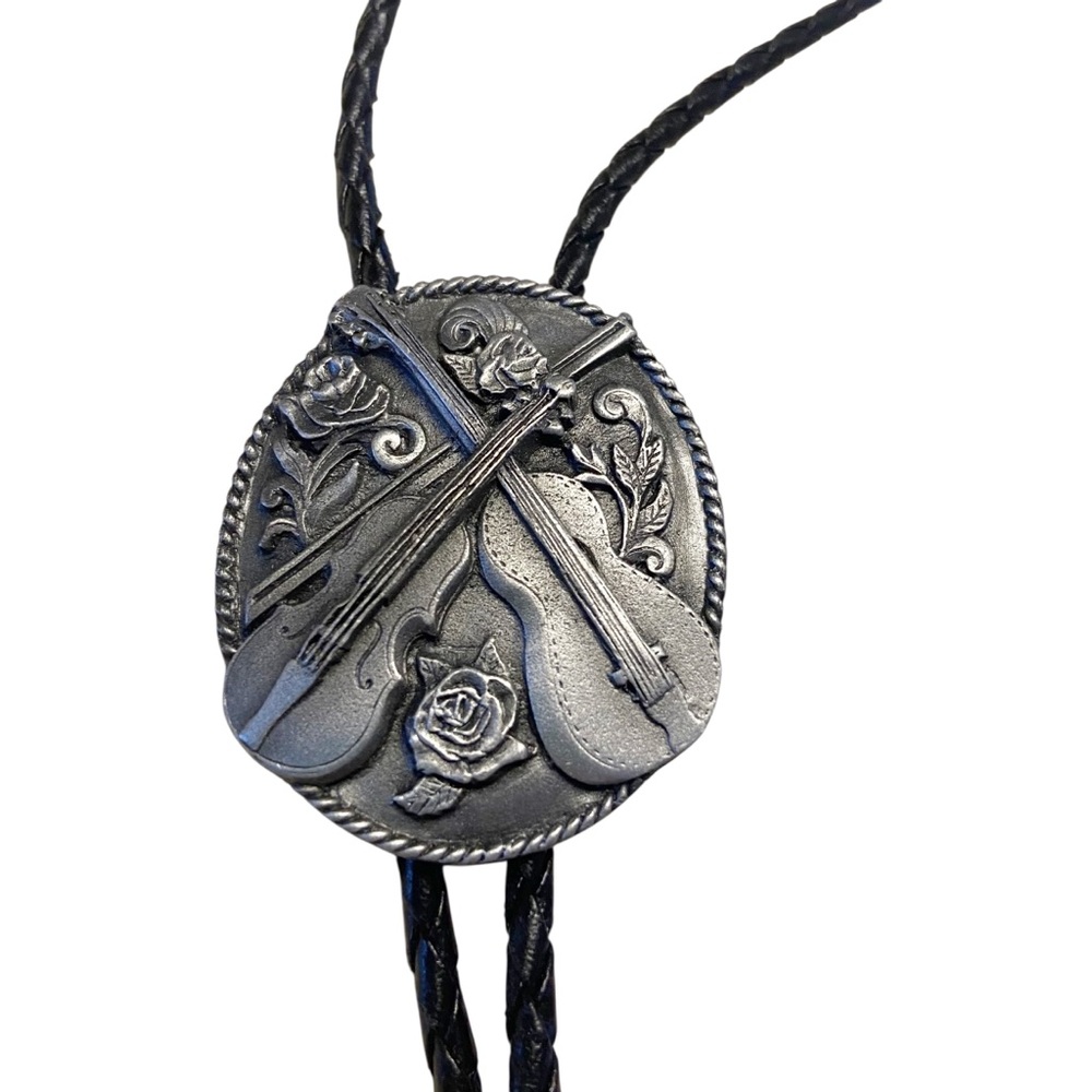 Vintage Siskiyou Bolo Tie Guitar 1988 Pewter Fiddle Musician Western Cowboy